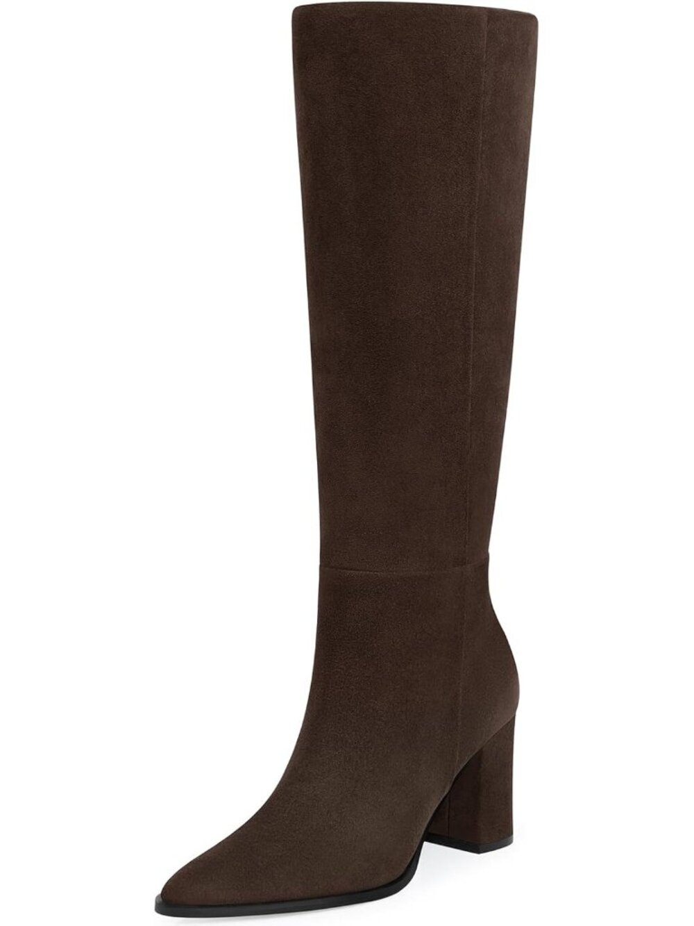 Women's Brown Suede Pointed Toe Chunky Heel Comfortable Wide Calf Knee High Boot